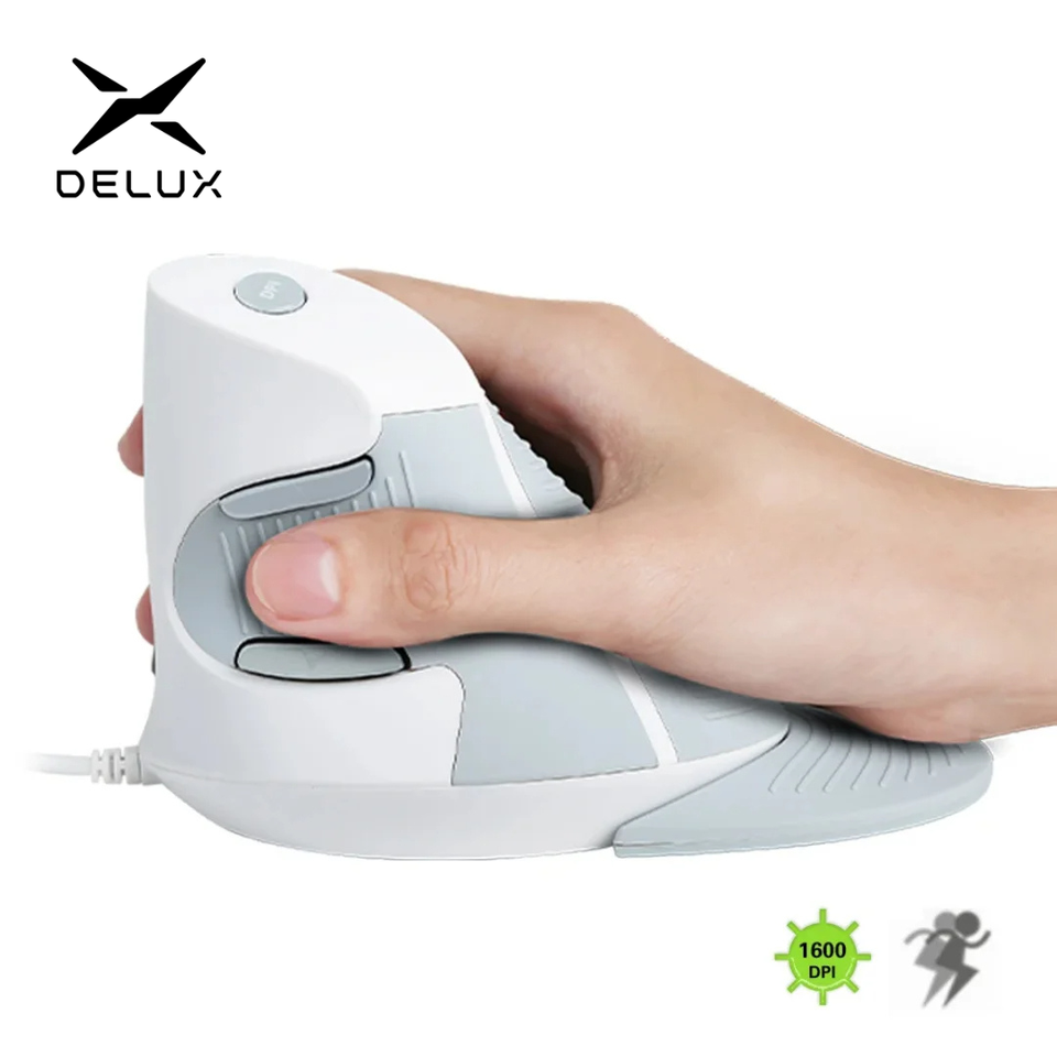  Delux M618BU White Wired Ergonomic Vertical Mouse 1600 DPI 6 Buttons Optical Right Hand Mice with Wrist mat For PC Lapt 