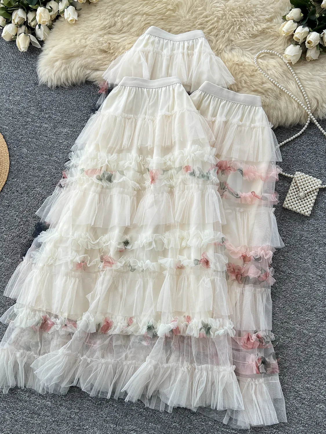 Women Apricot Mesh Skirt Y2K Gyaru Vintage Fashion Patchwork Mori Girl Skirt High Waist A-Line Tutu Skirt for Women Summer 2026