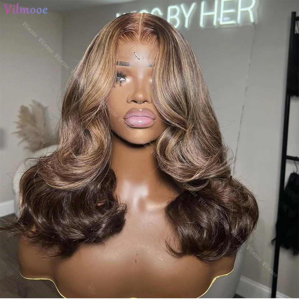 

Light Brown Highlights 5x5 Silk Top Transparent Lace Body Wave Malaysian Short Wave Human Hair Wig Pre Plucked For Black Women