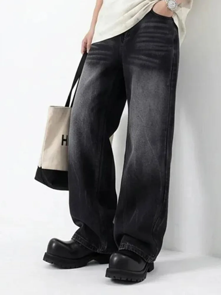 Street American High Men's Gradient Washed Jeans Straight Leg Denim Long Pants Loose Cleanfit Versatile Bottoms 0O0P