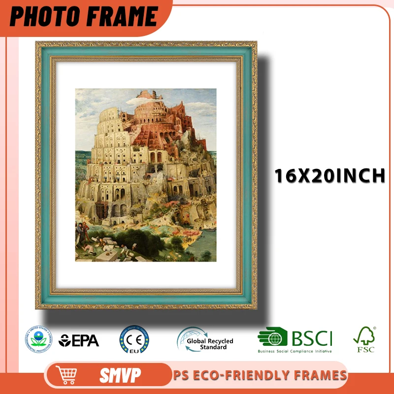 

16x20 Gold and Teal Ornate Photo Frame with Renaissance Carvings Perfect for Art Gallery Displays Picture Frame