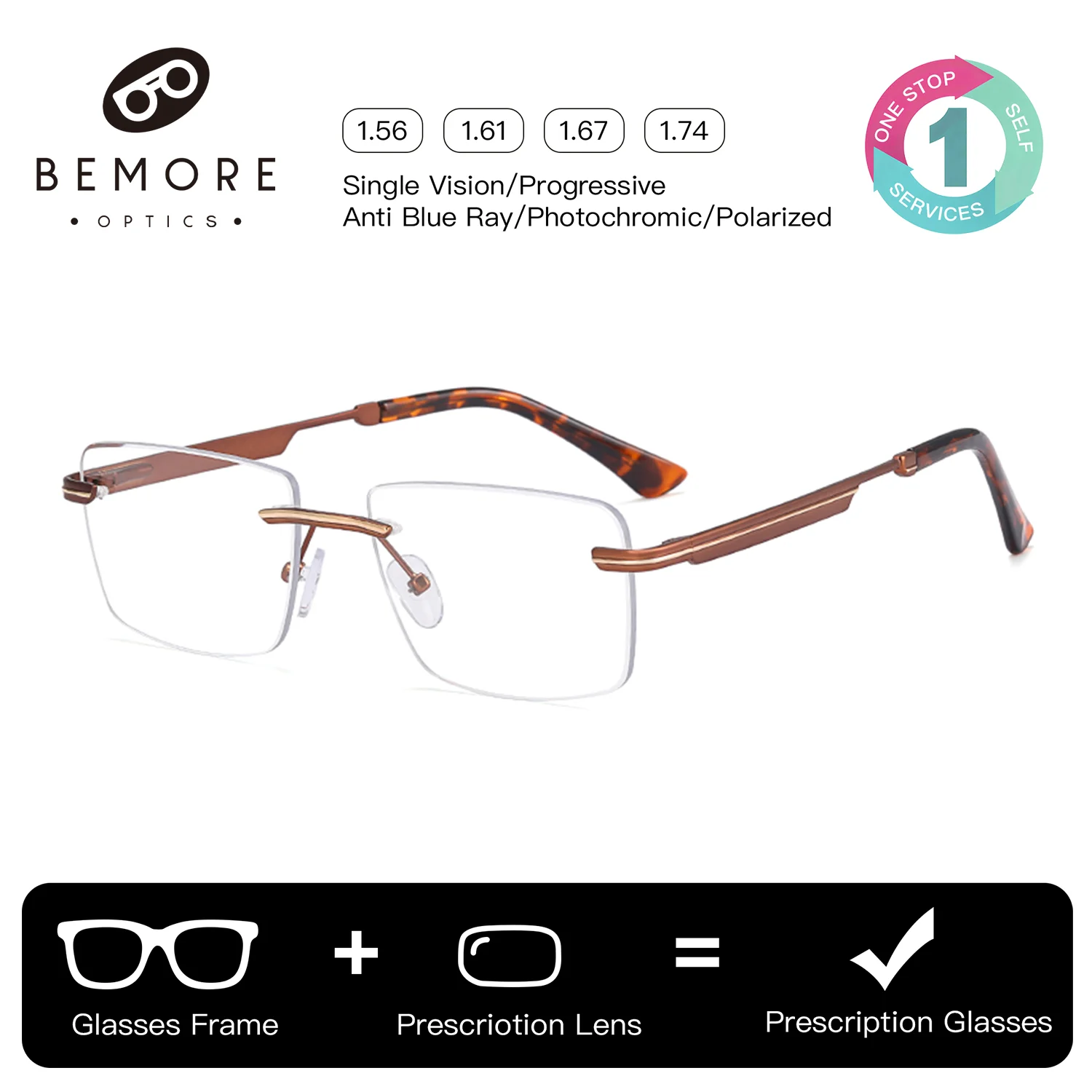 

BEMORE Custom Rimless Optical Glasses Man High-Quality Metal Anti-Blue Ray Photochromic Prescription Sunglasses