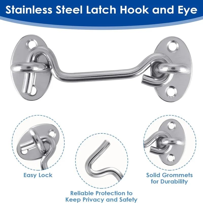 4 قطعة 3/4/6/8/10 بوصة خطاف من الفولاذ المقاوم للصدأ ومزلاج عين، قفل سهل لباب الحظيرة، مزلاج خطافات، أقفال نافذة، دعم النوافذ، دعامة الرياح