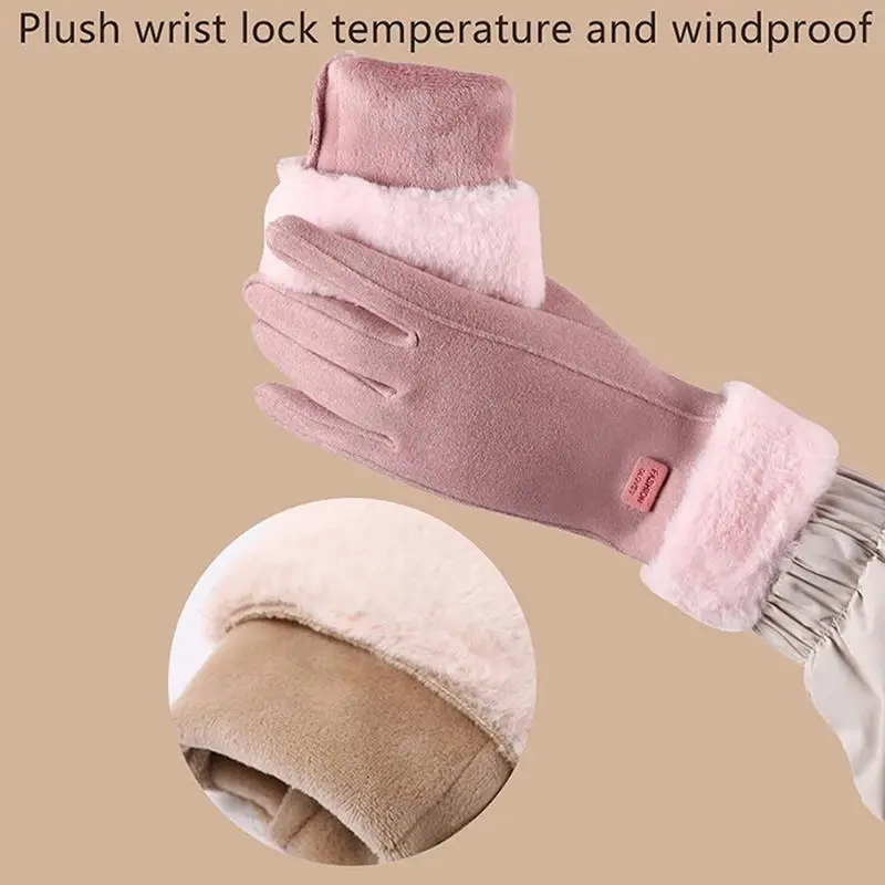 Die warmen Winterhandschuhe für Damen sind winddicht und kältebeständig, haben ein dickes Futter aus Kunstfell und sind als Touchscreen-Handschuhe geeignet. – Detail 2