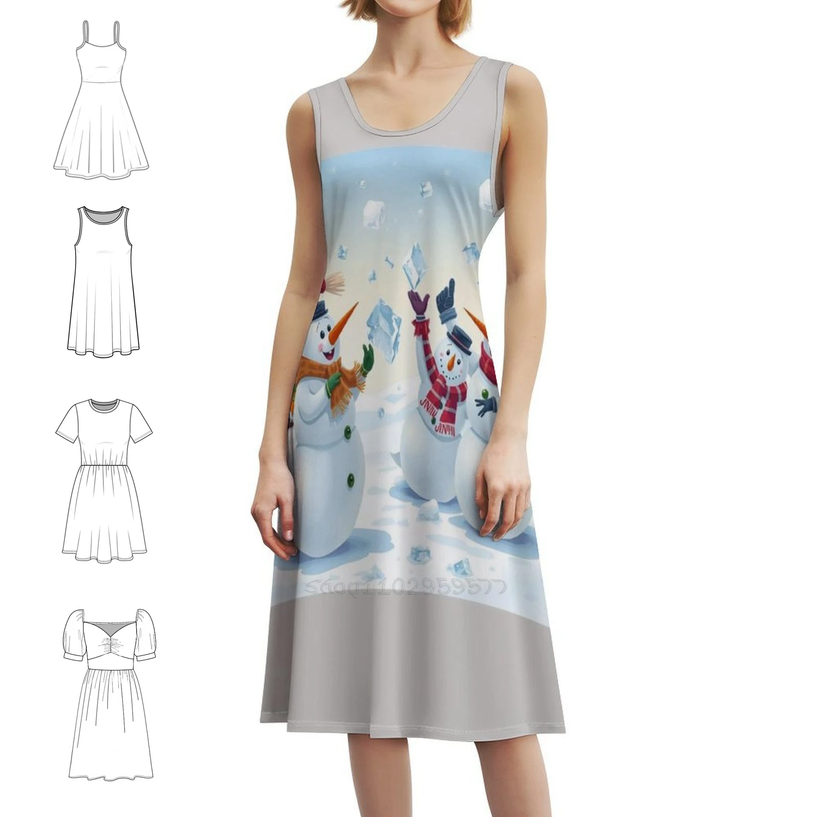 

Winter Snow People Fun Land Платье в корейском стиле для женщин Элегантное повседневное платье для вечеринки или повседневной носки Зимние снежные люди развлечения