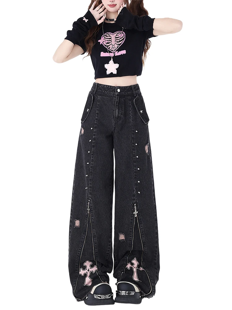 เสื้อผ้าผู้หญิง Black Gothic กางเกงยีนส์ 90s Aesthetic Y2k Oversize กางเกงยีนส์ Vintage Harajuku เกาหลี Emo 2000s ถังขยะ Jean กางเกง
