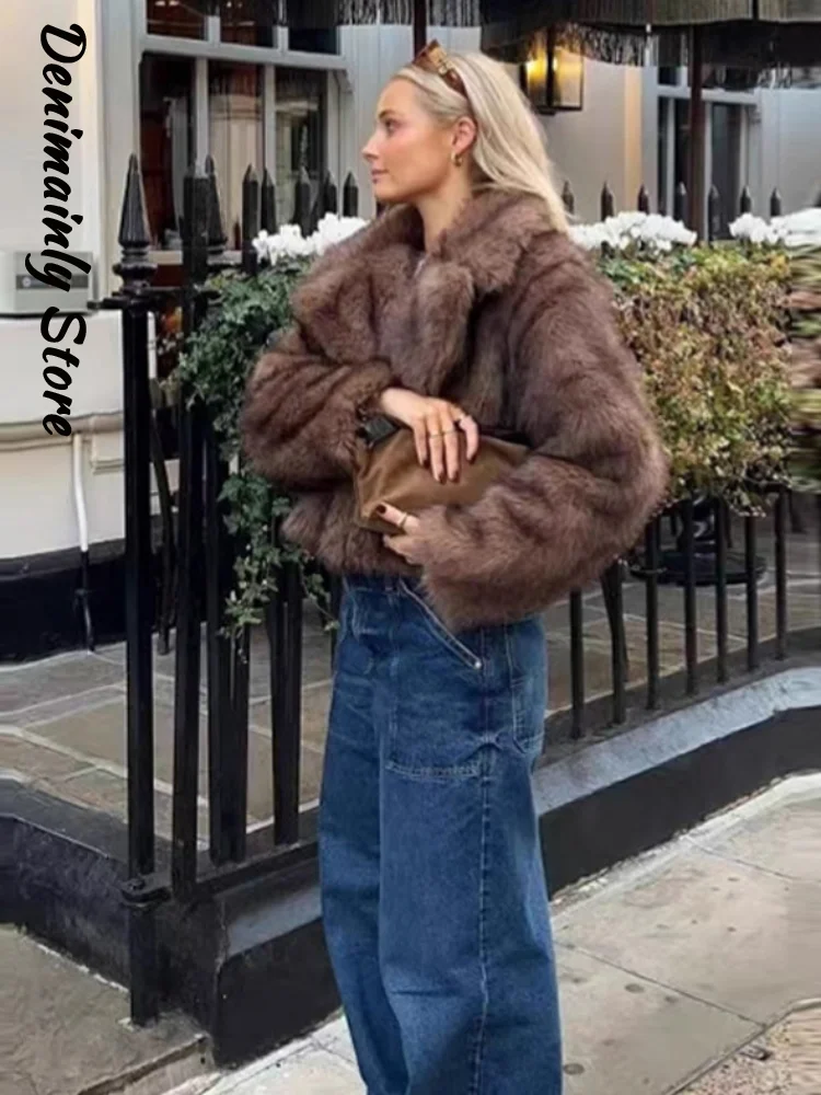 

Casual Brown Short Faux Fur Coat Women Loose Lapel Full Sleeve Street Outwears Female 2025 Autumn Winter Lady Warm Outwear New