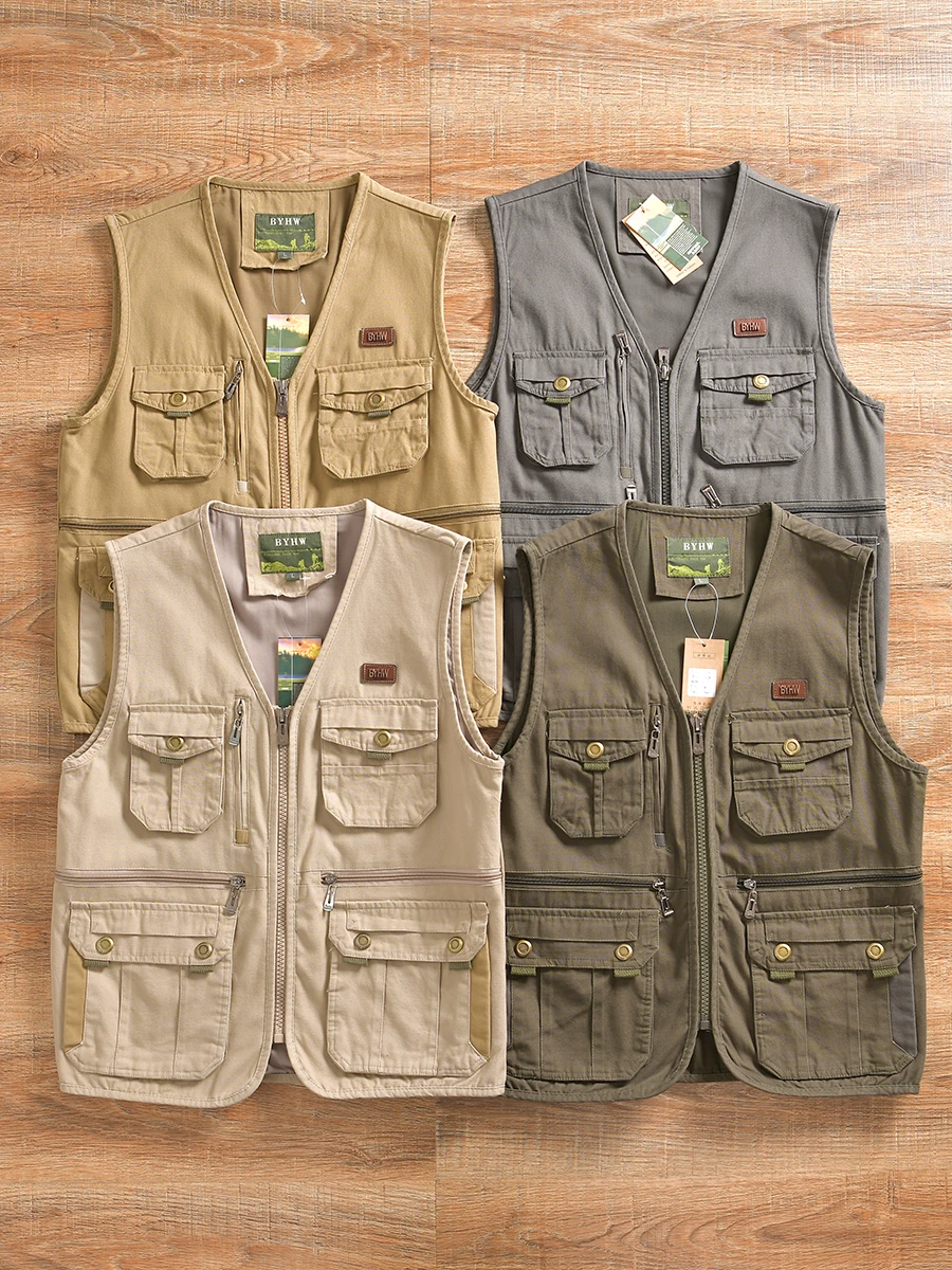 

American Style Workwear Cotton Leisure Outdoor Men's Shoulder Pad Vest Multi Pocket Tailored Fit Fashion Urban Style V Neck Z...