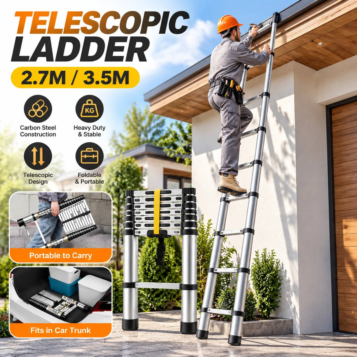 Carbon Steel Telescoping Ladder 2.7m/3.5m Foldable Portable Extension Ladder Heavy Duty Collapsible Step Ladder for Home Attic Repair Cleaning