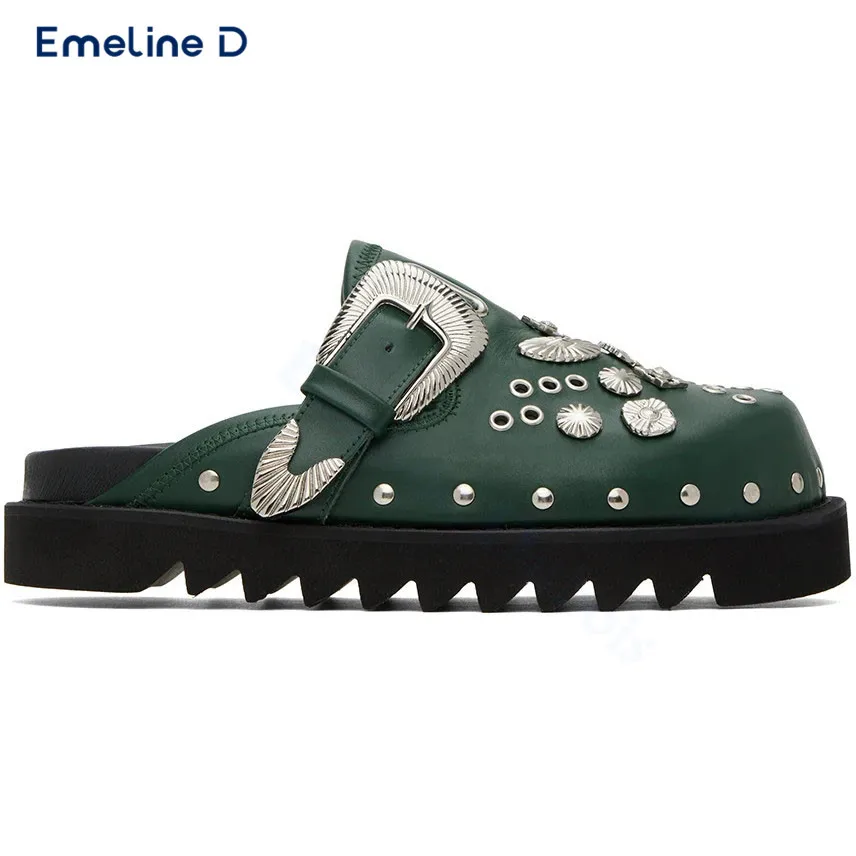 Hardware Rivet Belt Buckle Slippers Round Toe Thick Bottom Studded Leather Casual Shoes Ladies Fashion Trend Slippers