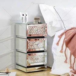 Light luxury modern mirror glass bedside tables, bedroom furniture, crystal finish bedside cabinets