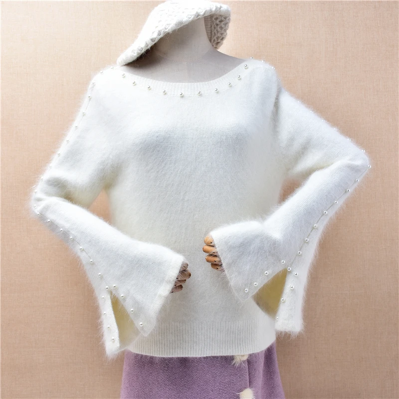 Ladies Women Autumn Winter Clothing Fashion Beige Beading Hairy Angora Rabbit Hair Slash Neck Slim Blouses Pullover Sweater Pull