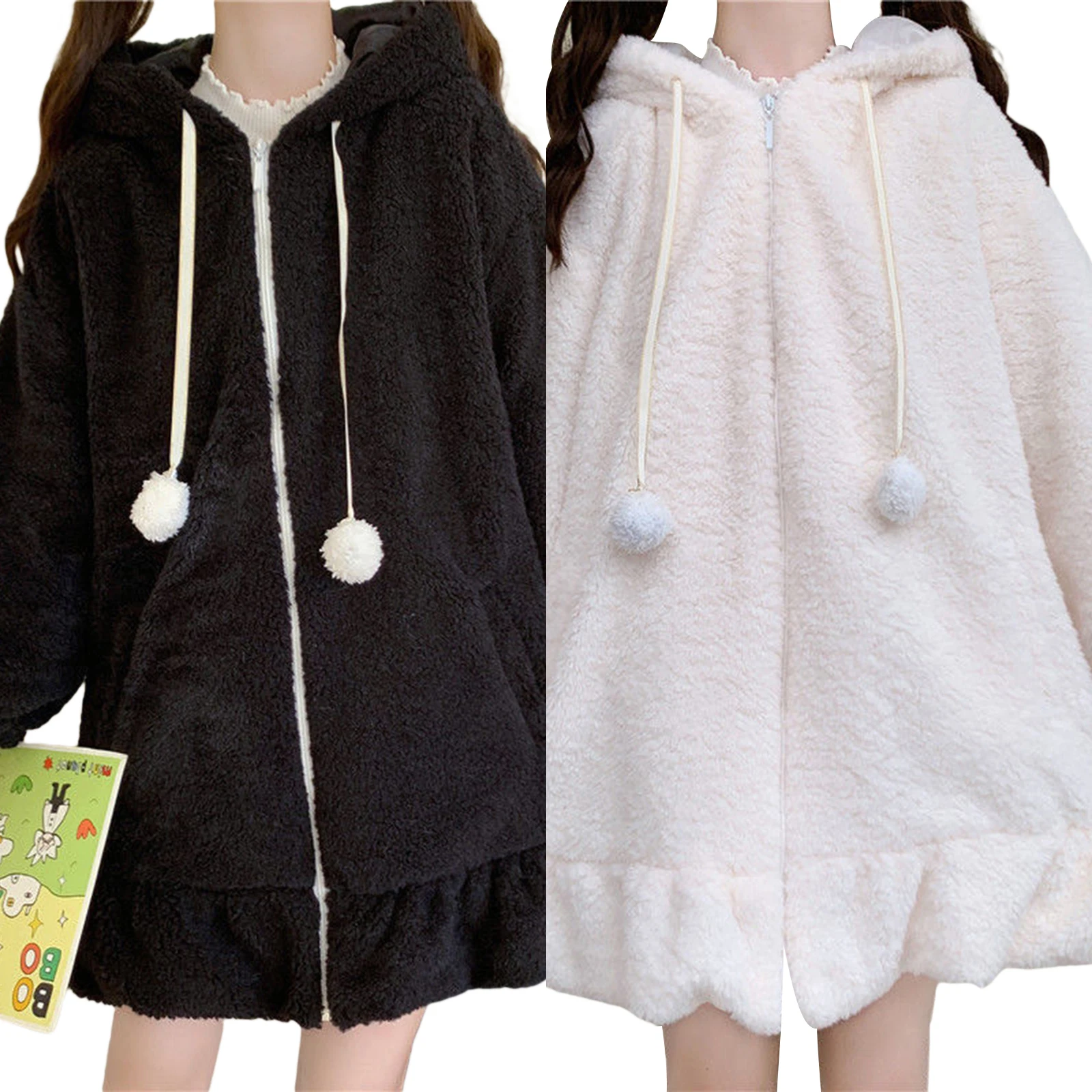 Women Cute Bunny Ear Hoodie Adults Fuzzy Fluffy Long Sleeve Sweatshirt with without Pom Poms