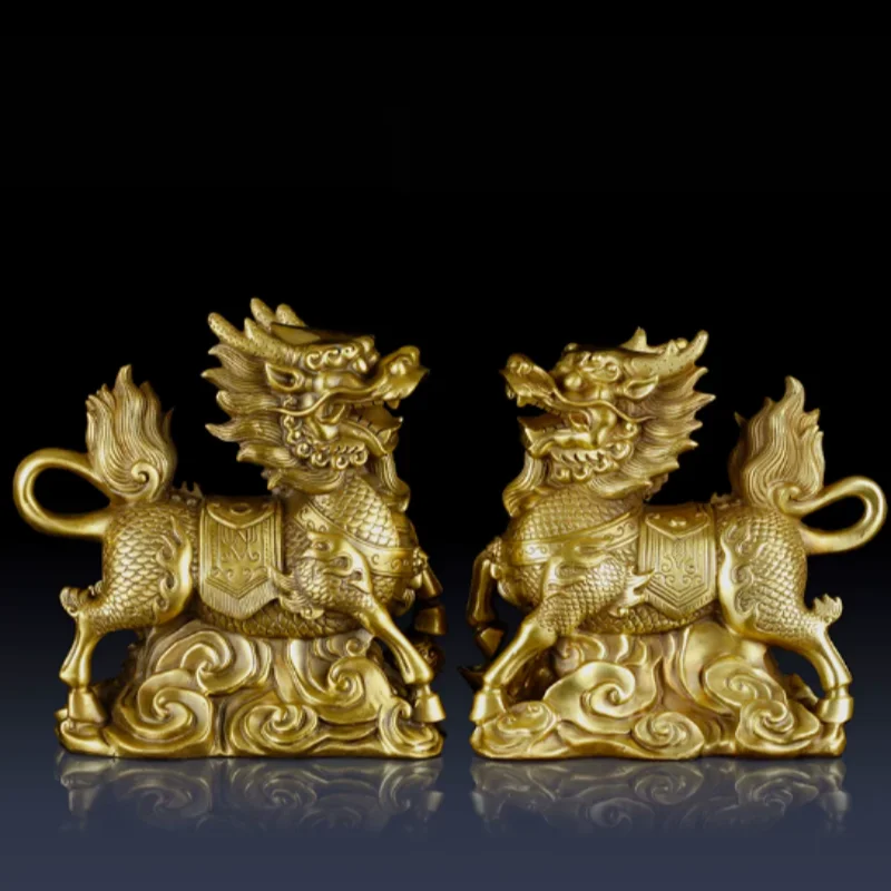 Exquisite brass Kirin auspicious beast statue ornament a pair handicrafts home desktop feng shui auspicious Decoration