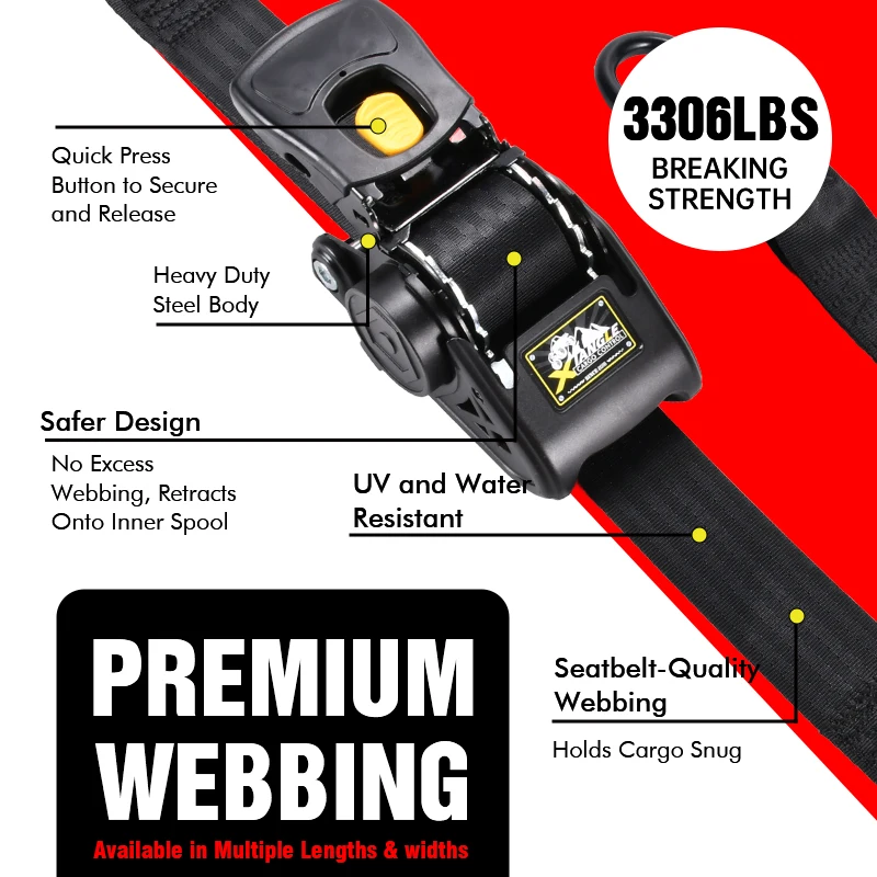 Mountable Truck Customizable Box Heavy Duty 2inch 3306lbs BS Self Retracting Boat & Trailer Auto Retractable Ratchet Straps