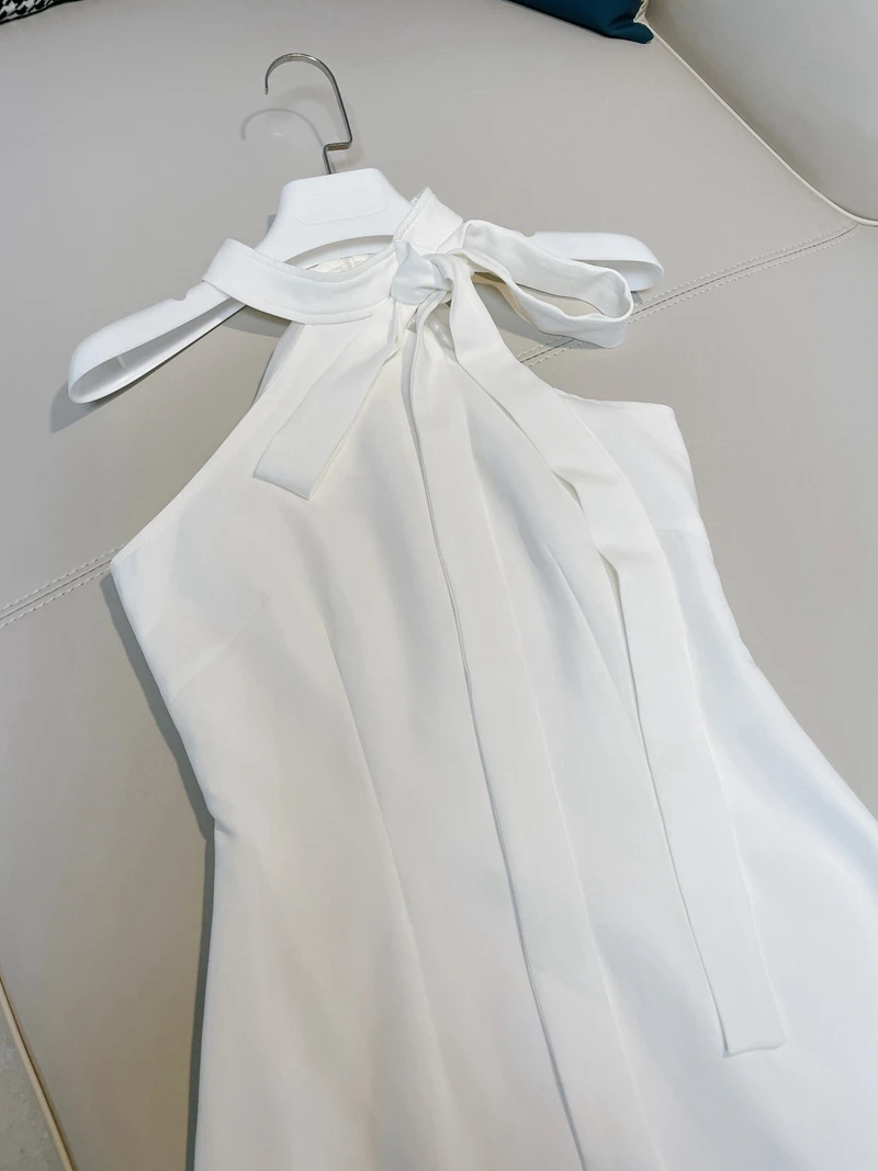 Vestido Blanco de Verano con Diseño de Cuello Cole y Lazo de Mariposa, Estilo Deado, Estilo Vacacional para Mujer