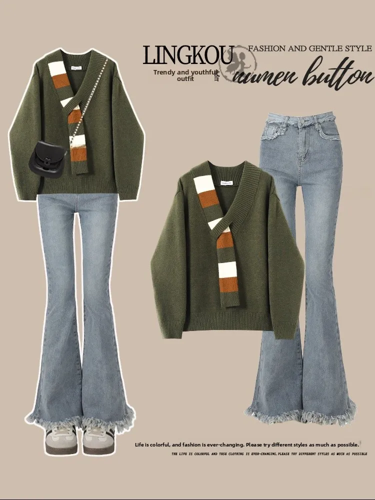 

Elegant plus Size Autumn Outfit Women's Korean Style Patchwork Knitwear High Waist Slimming Flared Jeans Two Piece Set