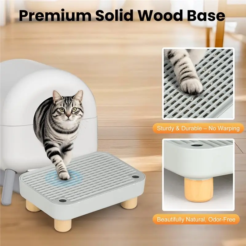Litter Box Step& Ramp With Wooden Base, Anti-Tracking& Easy Cleaning Cat Catcher Ideal For Small And Elderly Cats