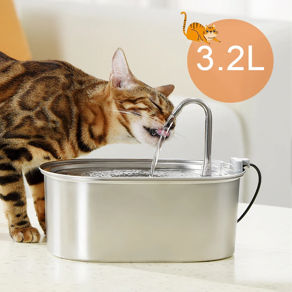 3.2L Cat Drinking Fountain Automatic Stainless Steel Pet Cats Water Dispenser Ultra-quiet Pump Water Foutain for Multiple Pets