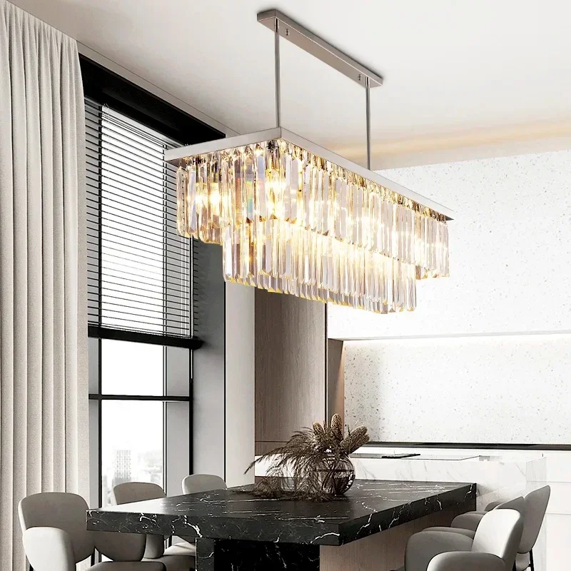 

WESilver Modern Crystal Chandelier for Dining Room Rectangle Kitchen Island Suspension Crystal Lamps Luxury Home Decor Led Light