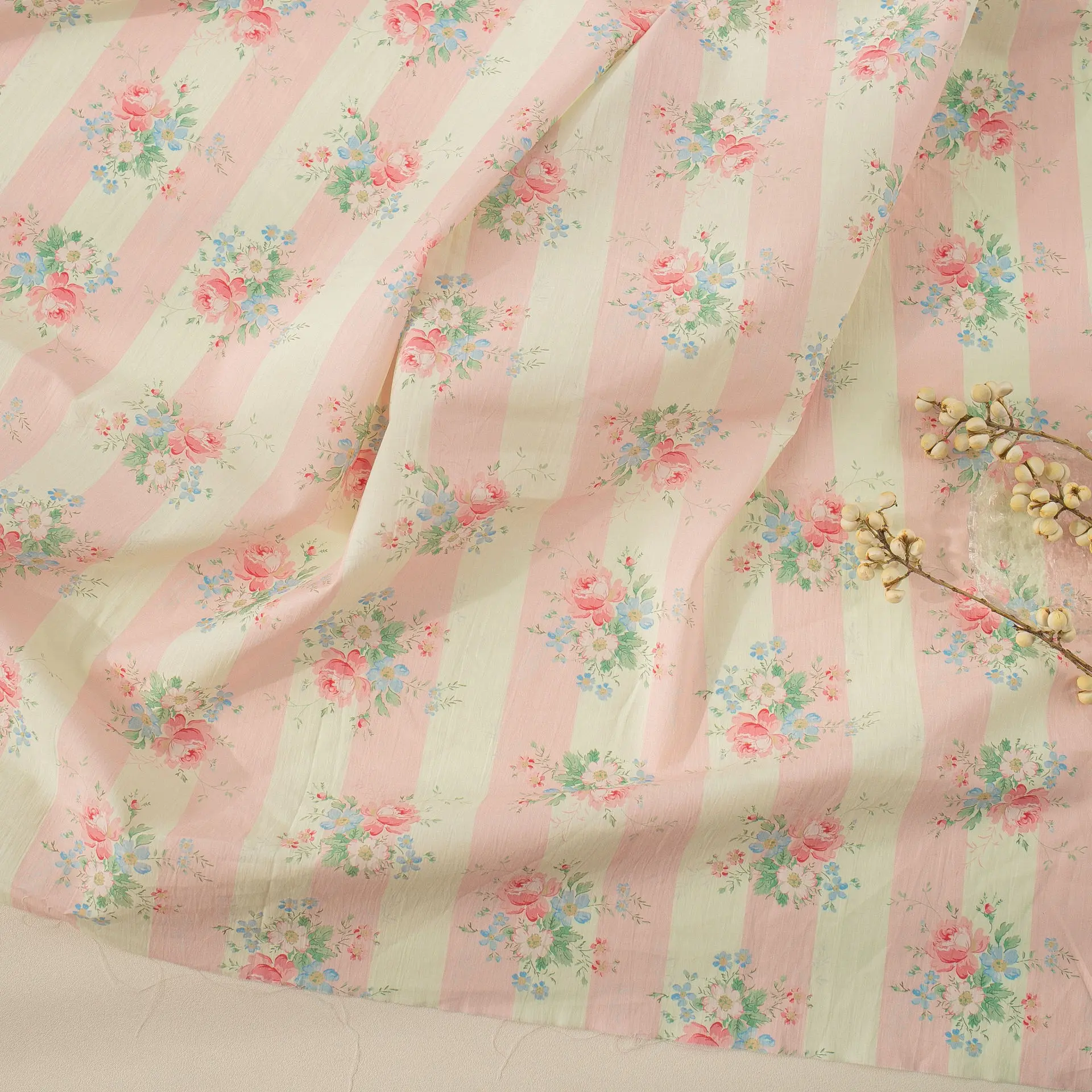 145x100cm 60S Cotton Digital Print Fabric Korean Style Striped Floral Cloth Women Dress Children Clothing DIY Sewing Materials