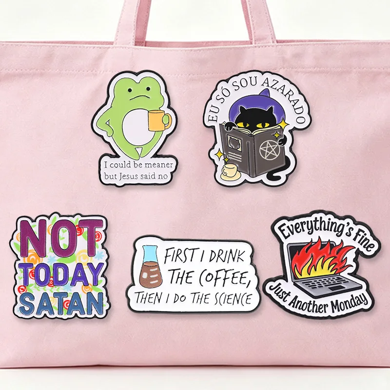 Funny Cartoon Slogan Enamel Badges Frog Black Cat Quote Pins Humorous Office Science Themed Metal Brooches Gift For Friends