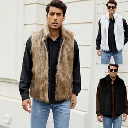 Sleeveless Jacket Men Faux Fur Vest Stand Collar Thick Jackets High Street Cardigan Coat Elegant Male Warm Vests Winter 2024