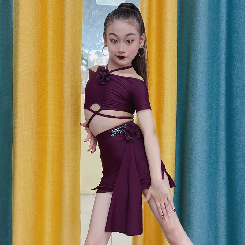 New Girls Latin Dance Costume Short Sleeves Burgundy Suit Kids Cha Cha Rumba Dance Practice Clothes Performance Wear DNV18917