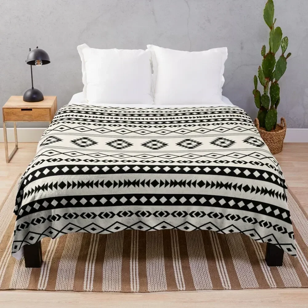 

Aztec Black on Cream Mixed Motifs Pattern Throw Blanket Cozy Warm Blanket for Bed Room Decor