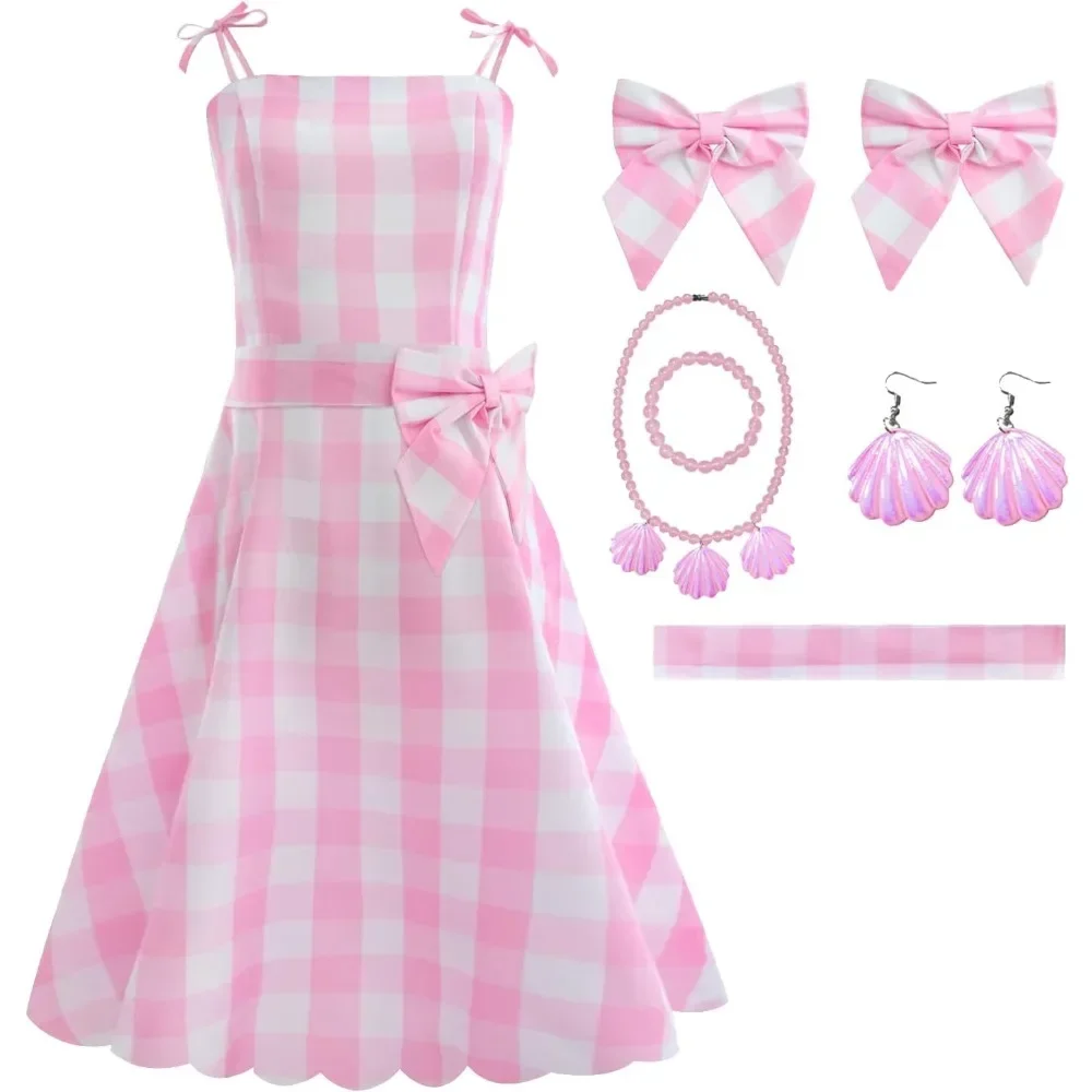 

Movie Princess 70s 80s Vintage Cosplay Costume Pink Plaid Dress for Women Halloween Carnival Party Prom Evening Dress