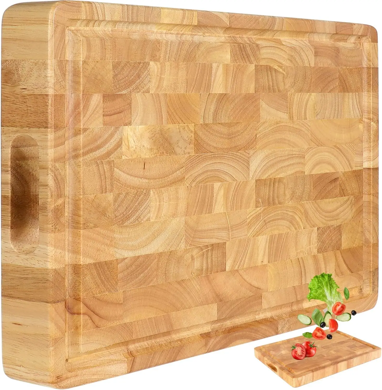 

Reversible End Grain Wood Cutting Board with Juice Groove and Handles, 17x13x1.5in Multipurpose Chopping Board