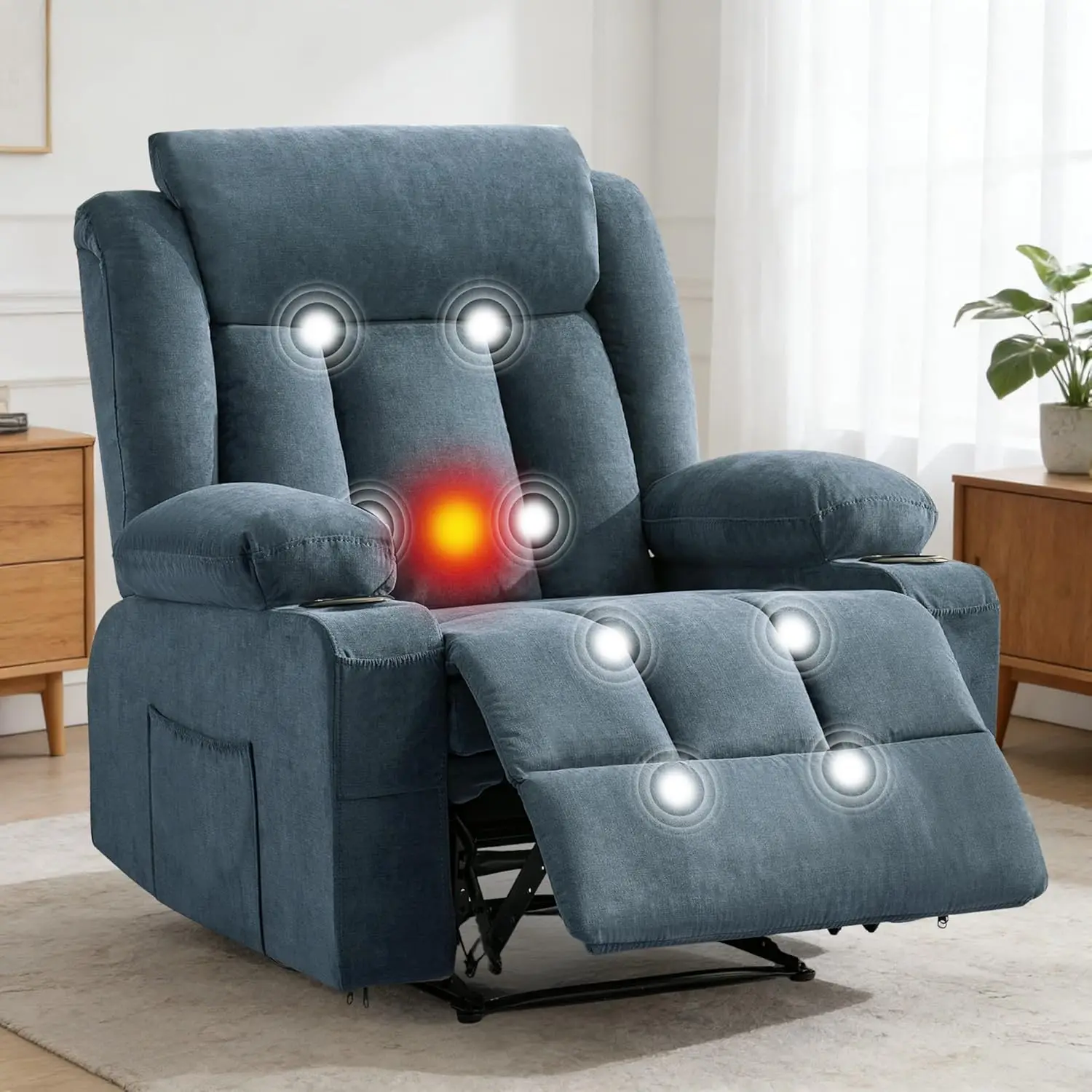 

Oversized Recliner Chair with Massage and Heat Manual Reclining Sofa with Cup Holders and Storage Pocket Comfortable Deep Seat