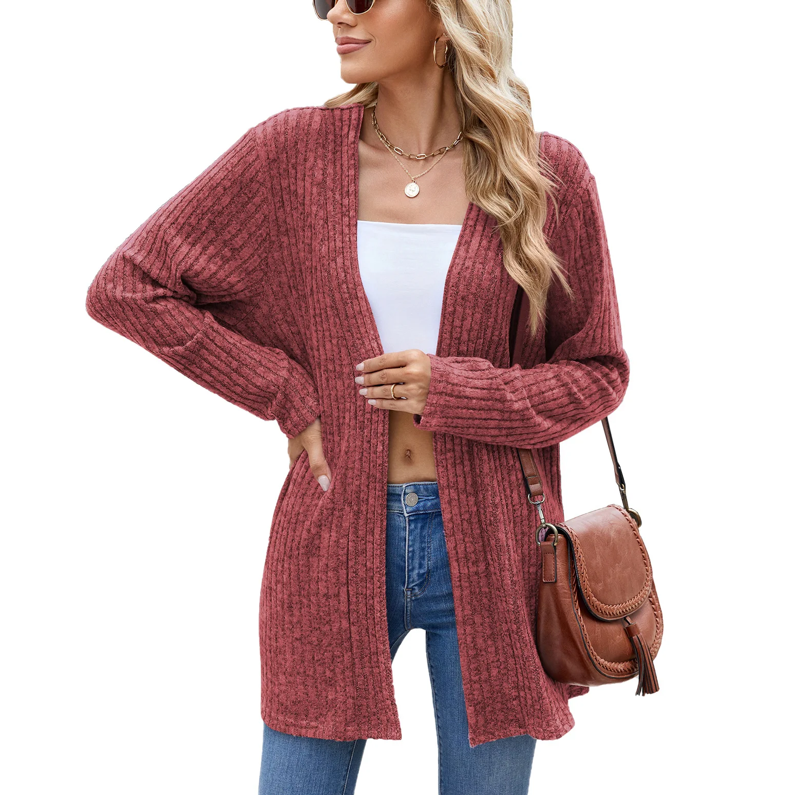 Solid Color Pit Stripes Grinding Wool Long-sleeved Casual Cardigan Jacket Long Cardigan Women Tops Kawaii Sweater