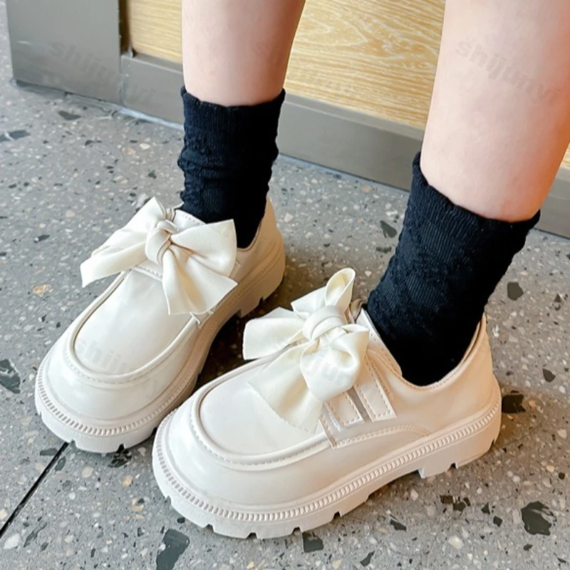 Children Leather Shoes 2026 Spring New Fashion British Bow Girls Princess Shoes Soft Sole Non-slip Loafers Kid Performance Shoes