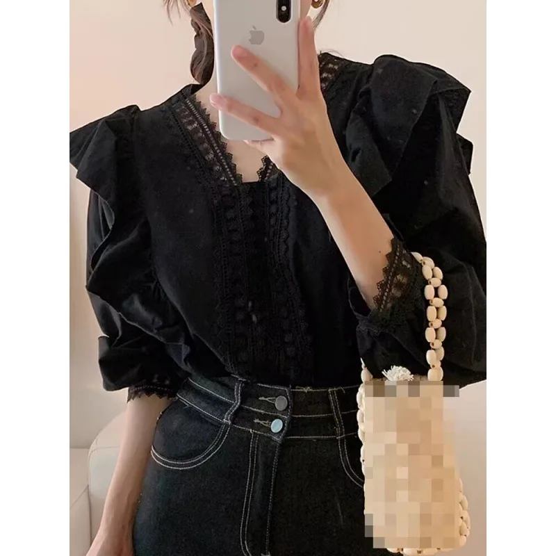 Nieuwe Goede Stof 2024 Koreaanse Kanten V-Hals Patchwork Ruche Losse Casual Bubble Mouw Shirt Hele Seizoen Casual Top Femme Japan