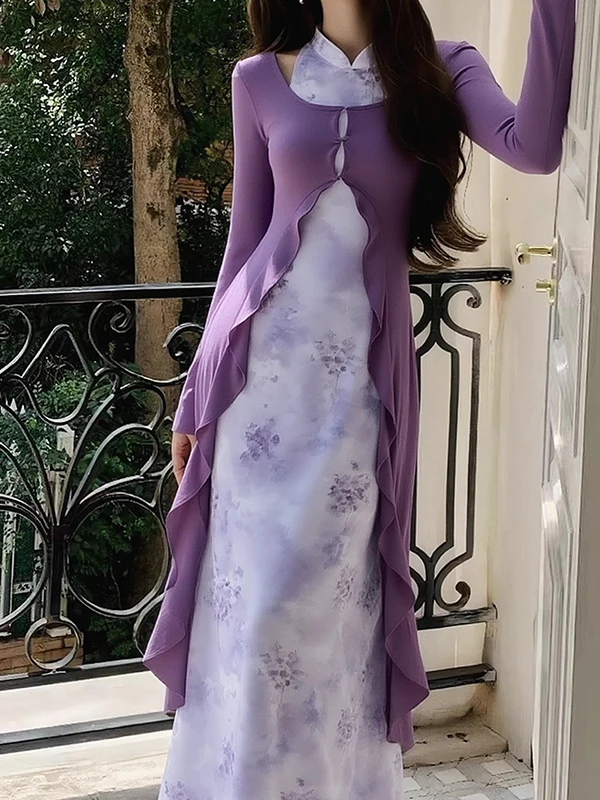 

Новое китайское модное платье-ципао из мягкой ткани с эффектом двухслойности, имитирующее нефрит, с эффектом похудения, для повседневной носки