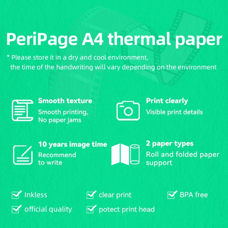 PeriPage-rollo de papel térmico A4 plegable para impresora Peripage A40, papel térmico de secado rápido a largo plazo, foto, imagen, recibo, archivo PDF