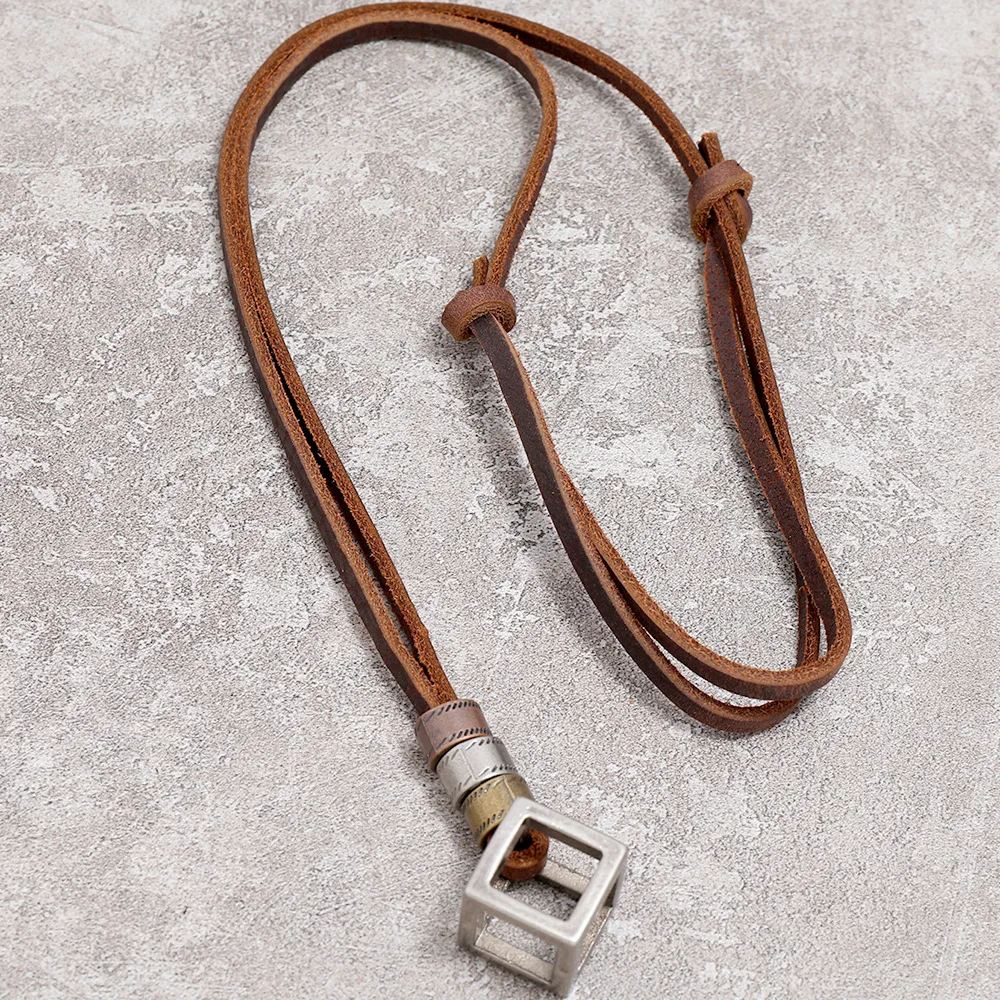 Man Genuine Leather Men Necklaces Hollow Square Pendants Punk Vintage Adjustable Brown Rope Chain Male Jewelry Mens Jewellery