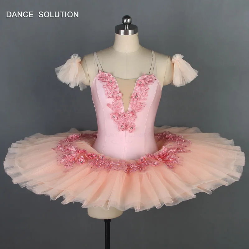 

Pale Pink Spandex Bodice Ballet Pancake Tutu with Applique Trims for Girls & Women Ballerina Stage Performance Costumes BLL069