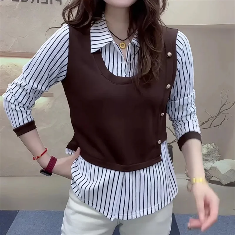 

Женская рубашка с длинными рукавами, весна-лето 2025, ложное пальто из двух предметов, тонкая новая модная куртка, женский полосатый топ с вышивкой