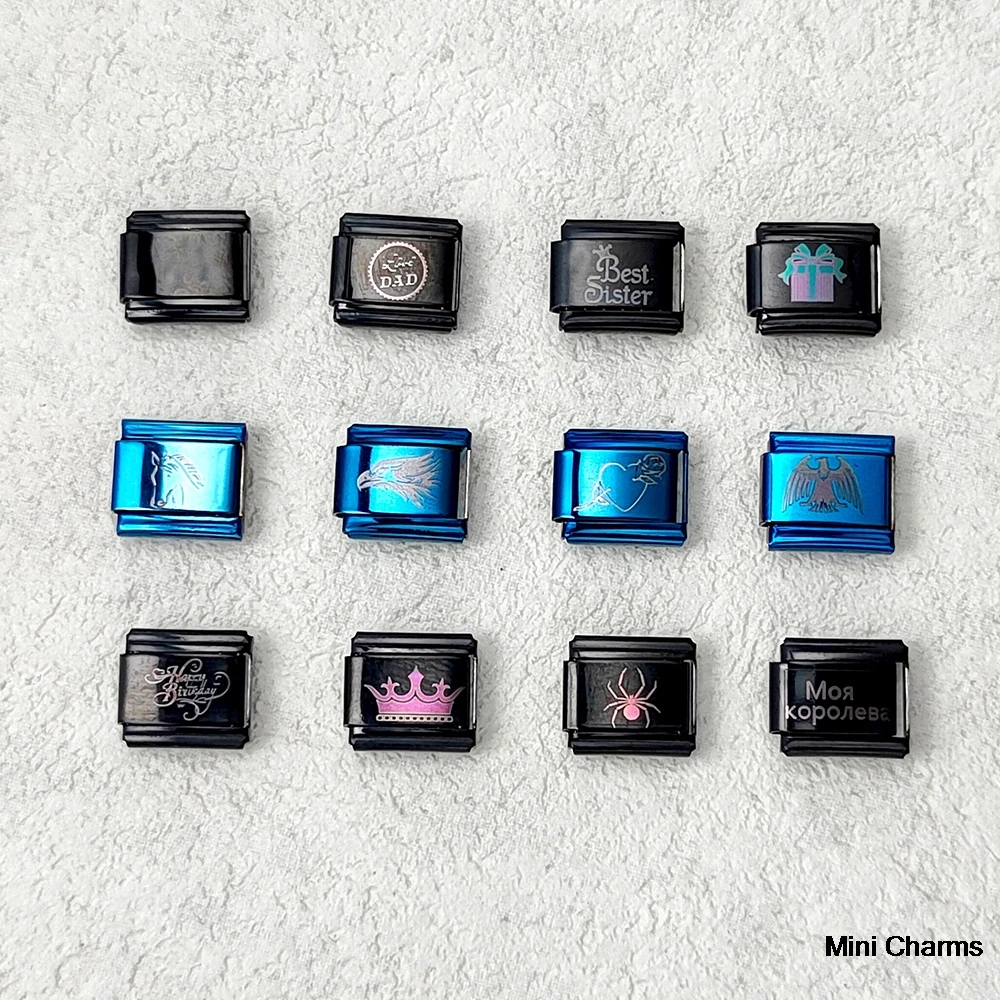 1 Stück Großhandel Modischer Schwarz-Blauer Kronen-Tier-Liebes-Mama-Papa-Italienischer Glieder-Charm Passend für 9mm Edelstahl-Schmuckarmband – Detail 1