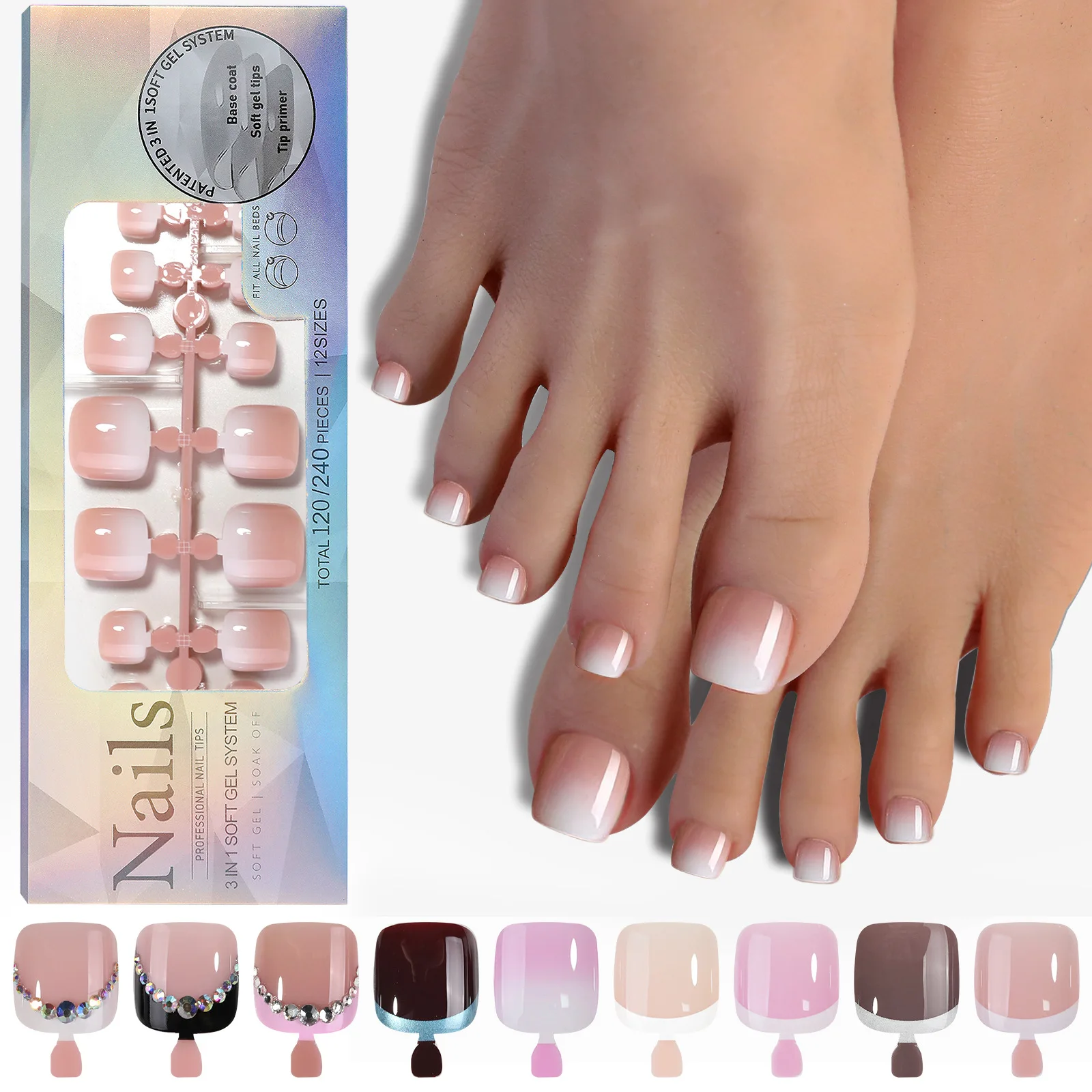 50Sets 120Pcs/Set Nails French Toenail Beauty Toenail Finished Wear Nail Plate Frosted Toenail Patch Wholesale