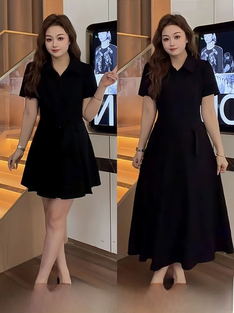 

plus Size Collar Short Sleeve Pleated Summer Dress for Women High Waist A-Line Skirt Breathable Comfortable College Style