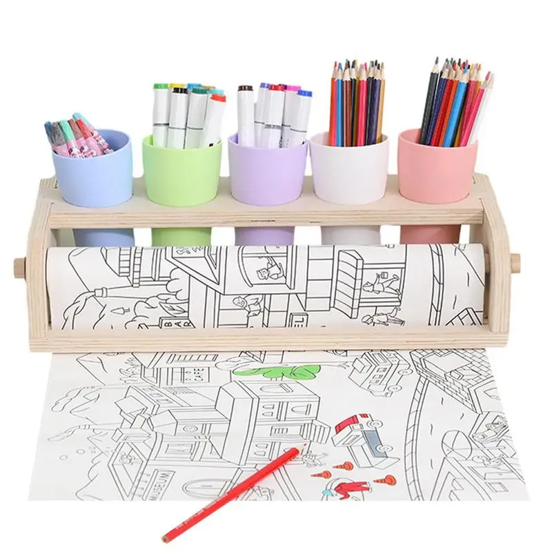 Wooden Tabletop Paper Roll Dispenser Art Painting Paper Roll Stand With Pencil Holder Cup Desktop Solidwood Easel For Kids Draw