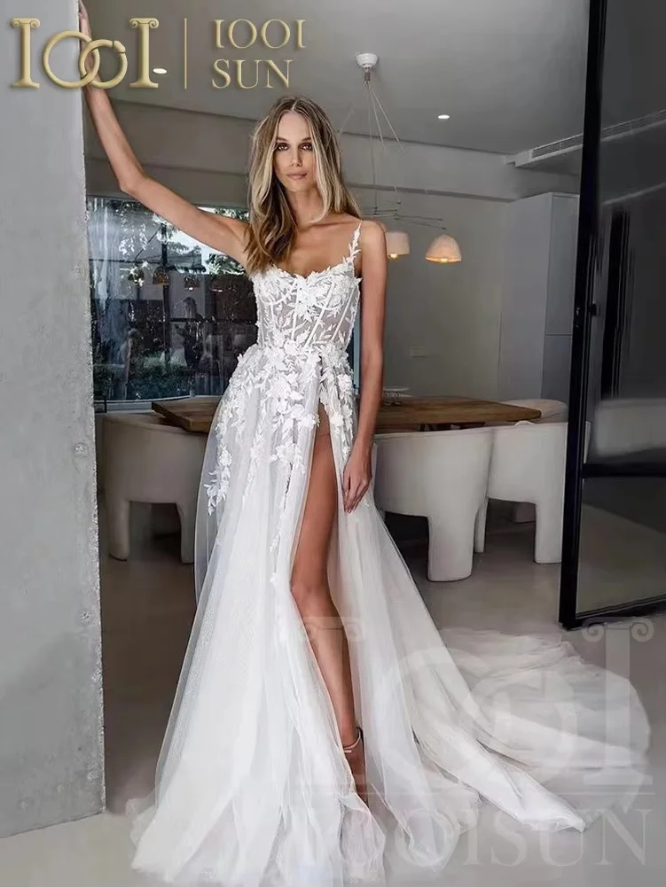 IOOISUN Aangepaste Sexy Trouwjurken met Split Boho Spaghettibandjes Applicaties Bruid Jurk V-hals Party Gown vestidos de novia