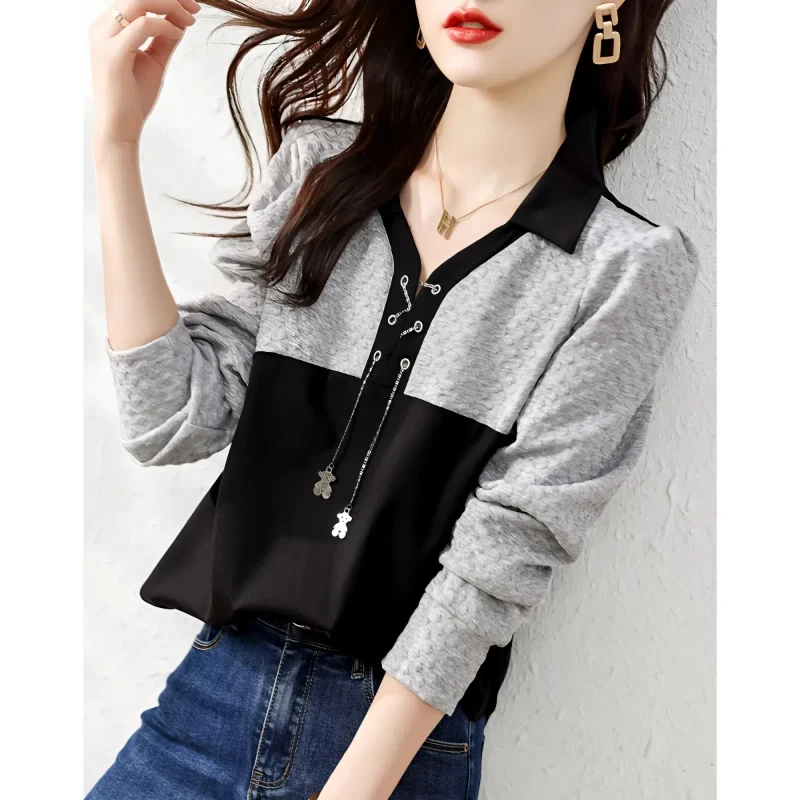 Spring Autumn New Fashion Color Blocking V-neck Shirts Women\'s Clothing Patchwork Buttons Korean Simplicity Drawstring Blouses