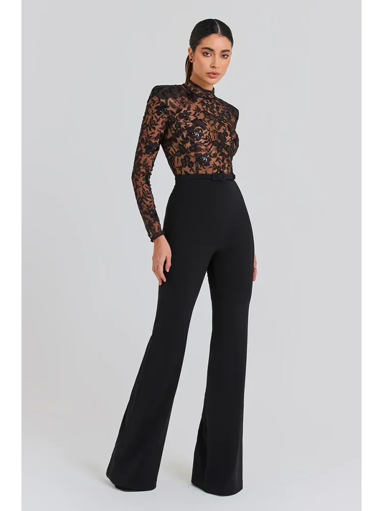 

JONN Sexy Lace Perspective Patchwork Bandage Jumpsuit Women Black Long Sleeve Sequin With Belt Wide Leg Jumpsuit Evening Club