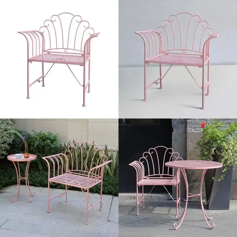 Vintage Pink Wrought Iron Garden Bench Outdoor Metal Seat for Patio Lawn Park Decor