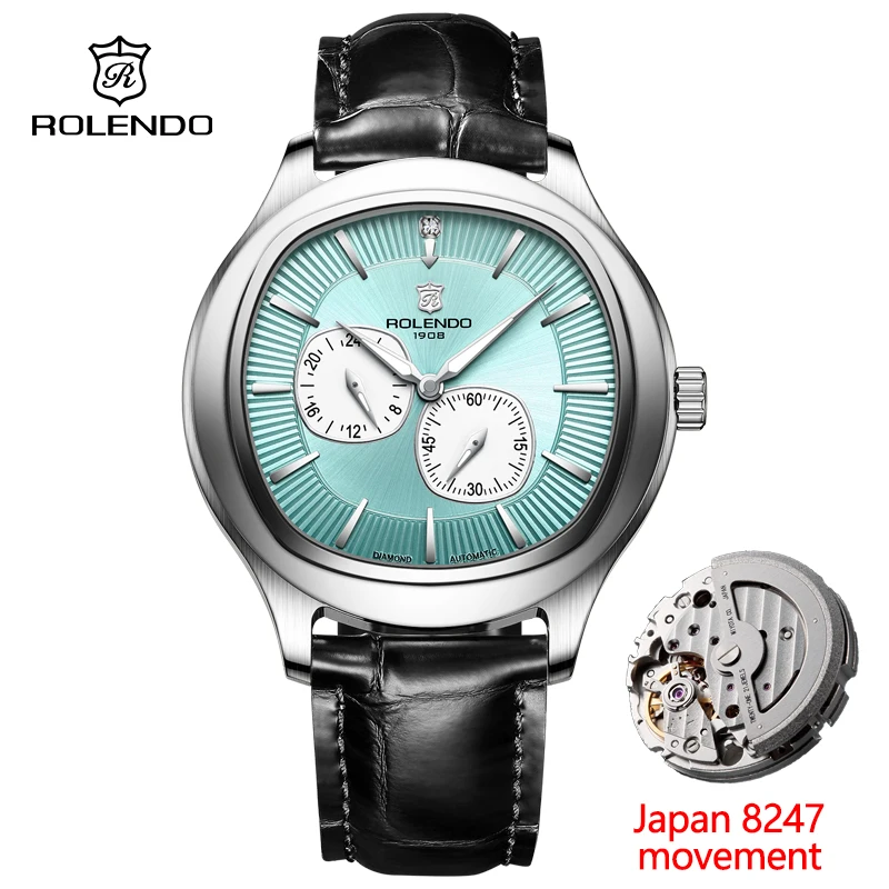 

ROLENDO Automatic Watches for Men Polo Emperador 42mm Multi-function dial Leather Strap Japan Movement Business Wristwatch Gifts