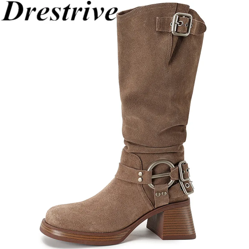 

Drestrive 2023 Fashion Handmade Women Mid Calf Boots Cow Suede Round Toe Thick High Heel Winter Shoes Buckle Top Quality